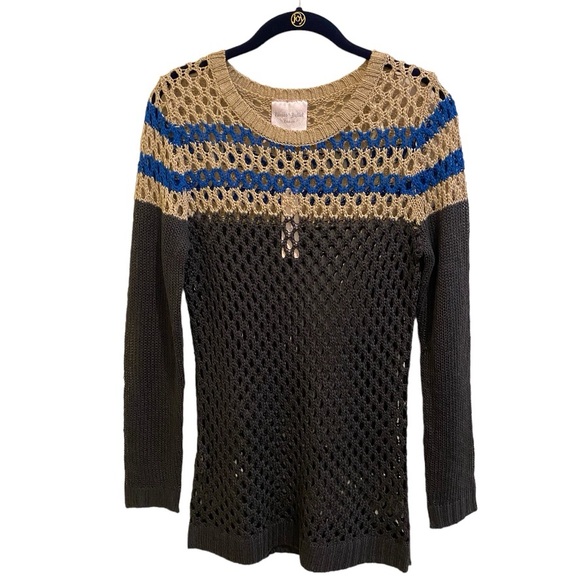 Romeo & Juliet Couture Charcoal/Tan/Blue Open Knit Long Sleeve Sweater Size S - Picture 1 of 6